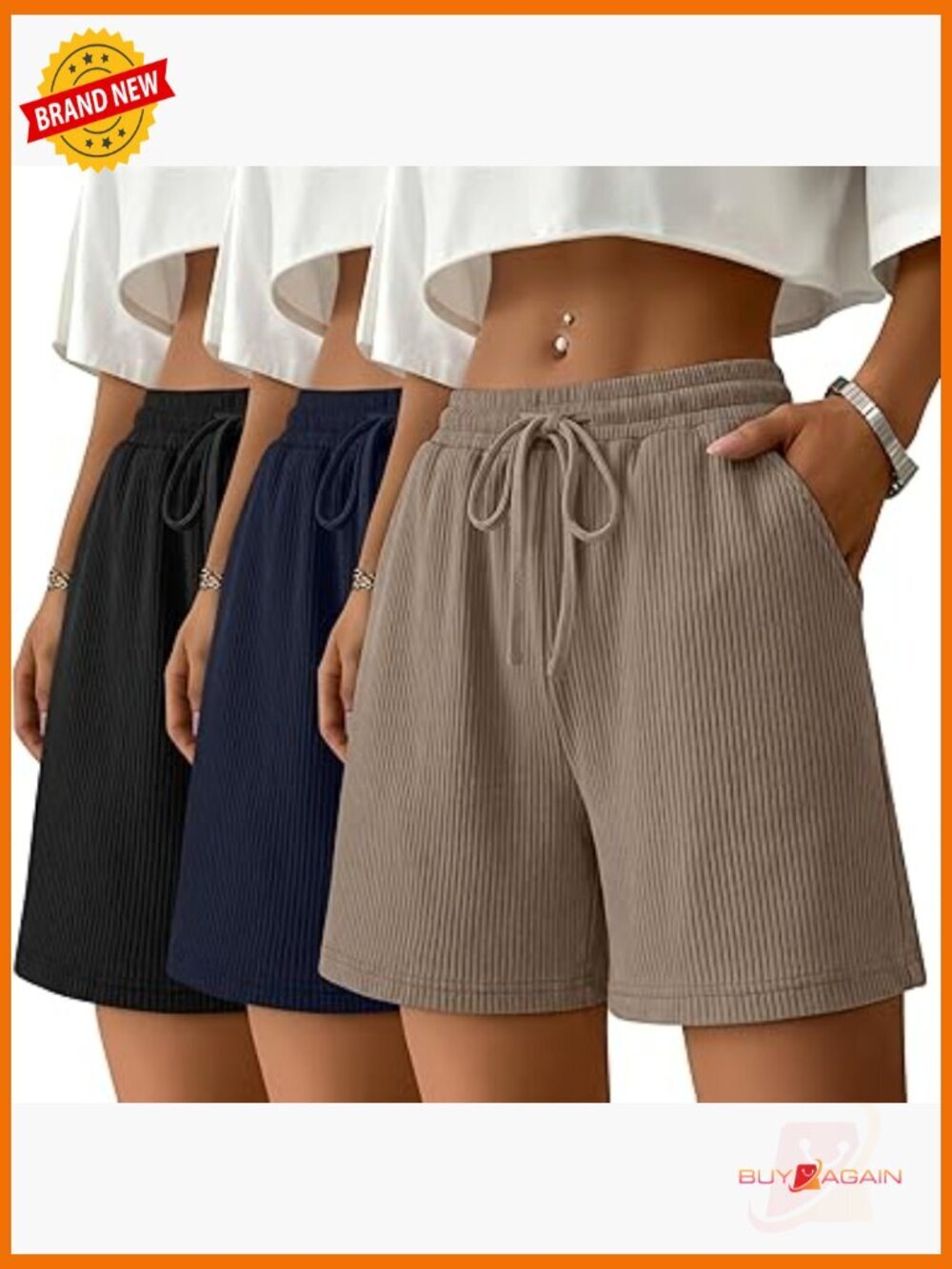 3 Pack Women's Sweat Shorts Ribbed Knit Elastic Waist Drawstring Lounge Shorts